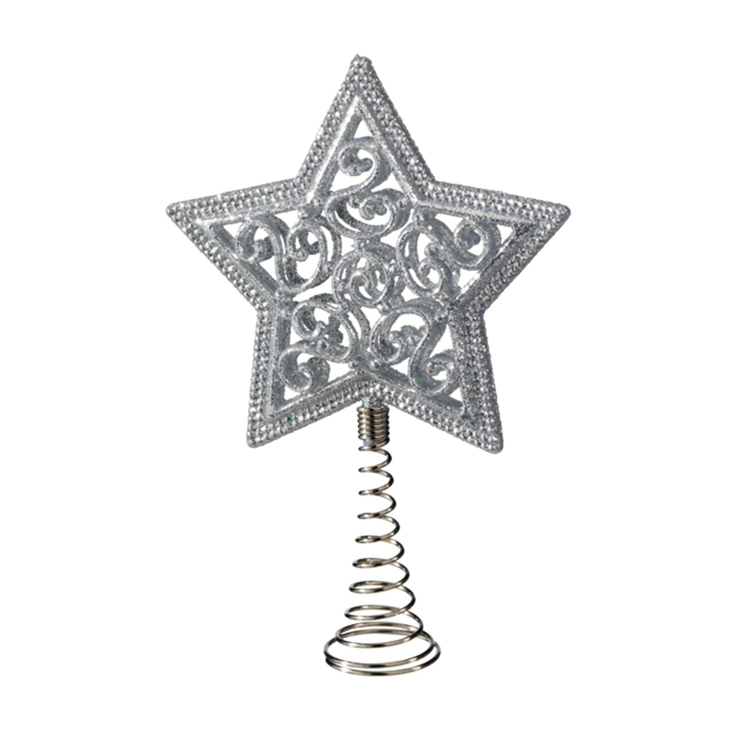 Baumspitze Stern Mit Glimmer, Silber  |   Christbaumspitzen Baumschmuck Baumschmuck Aus Kunststoff